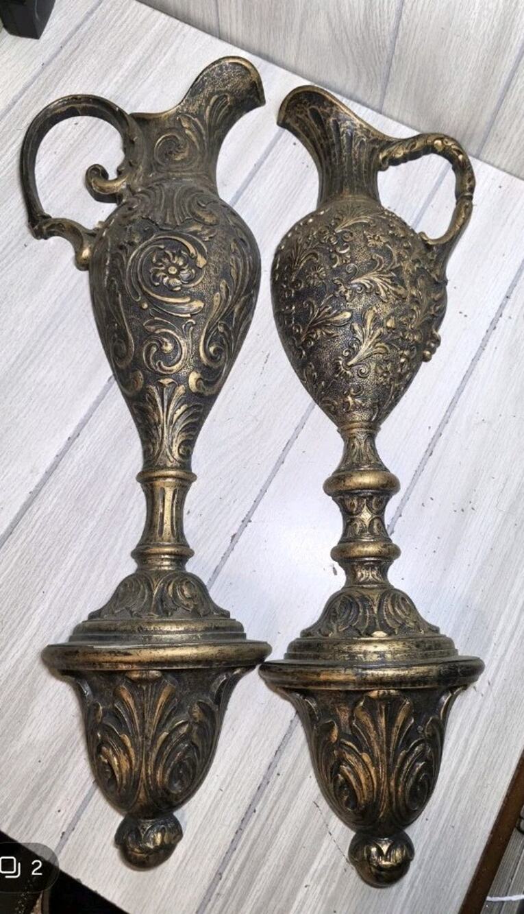 Vtg 1973 MCM HOMCO Pitcher Ewer Black & Gold Wall Plaques Hollywood Regency USA